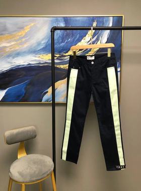 【V薏蔻】黑蓝色浅绿色装饰宽条牛仔裤J810819021B