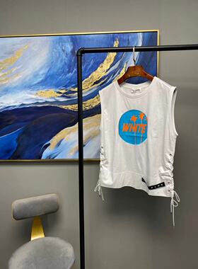 【V薏蔻】白深蓝两色前蓝色圆形橘色字母图案砍袖T恤J820510344D