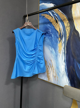 E正蓝色浅黄两色全真丝前褶皱设计砍袖小衫EAI2TOP033
