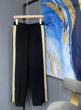 E黑色侧拼米色细条裤腿拉链阔腿裤EAI2PAT006