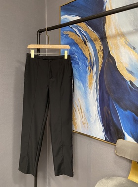 E黑色绵羊毛侧面字母流苏裤线烟管裤EAI1PAT017