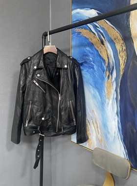 M黑色真皮机车款下摆有腰带皮衣外套MA184LET001