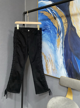 M黑色有弹力侧面穿绳交叉小直筒牛仔裤MA181PAT406