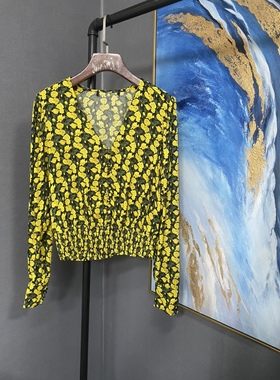 M黄色花朵V领短款长袖衬衫MBO3TOP019