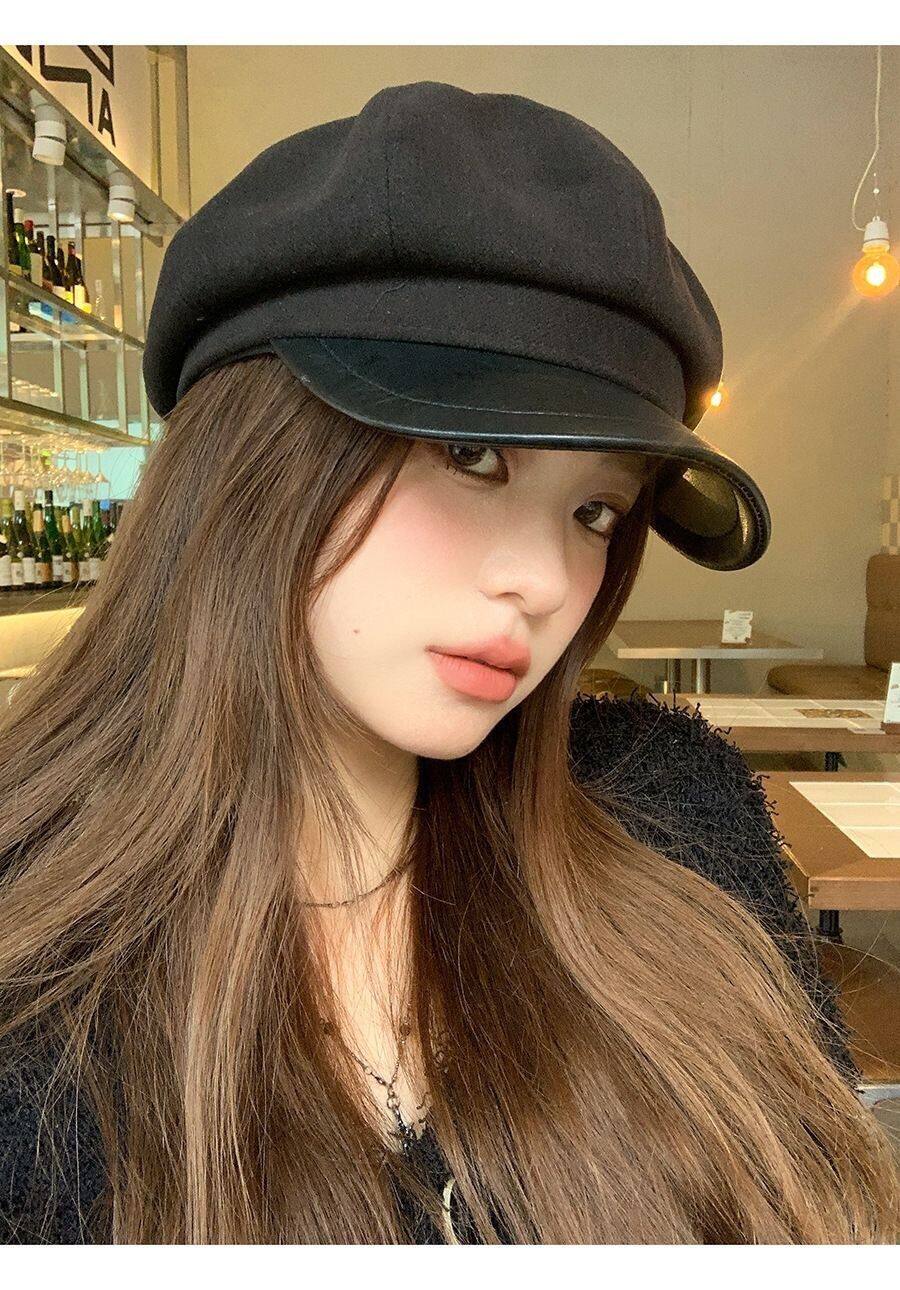拼色封口小号头围女帽子 春秋呢料皮帽檐鸭舌画家帽报童帽八角帽