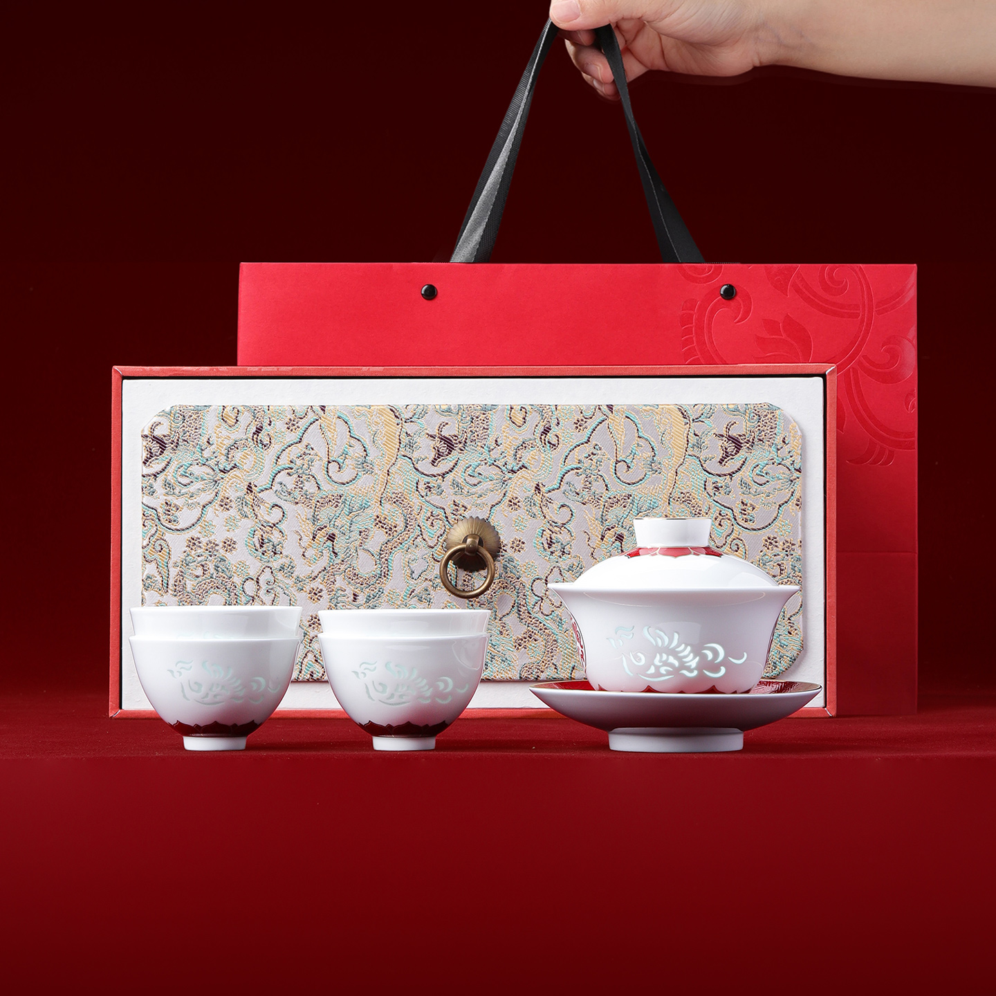 景德镇玲珑中式盖碗茶杯茶具套装