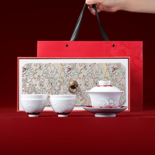 景德镇玲珑中式盖碗茶杯茶具套装