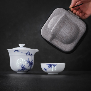功夫茶具套装 景德镇官方陶瓷青花玲珑旅行便携式 快客杯一壶两杯