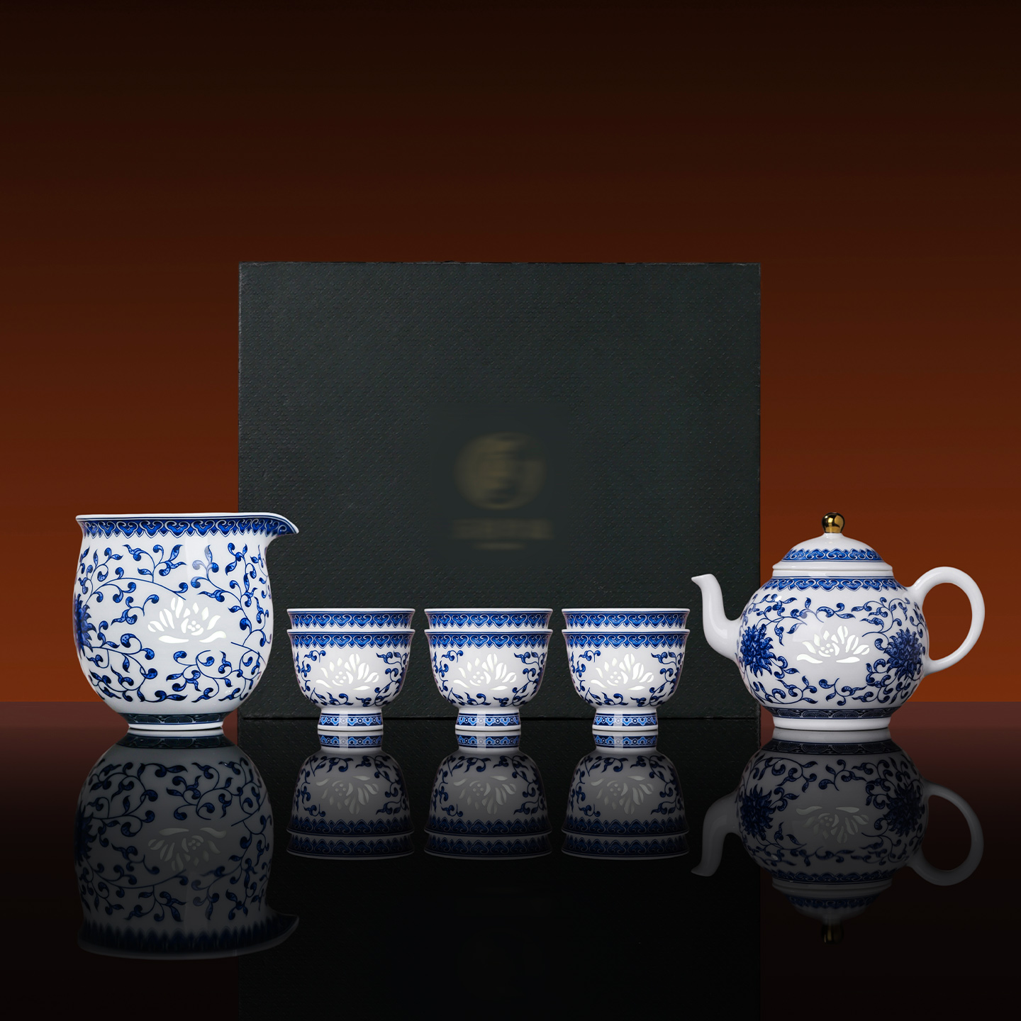 景德镇官方青花陶瓷玲珑茶具套装家用泡茶壶茶杯茶碗乔迁送礼礼盒