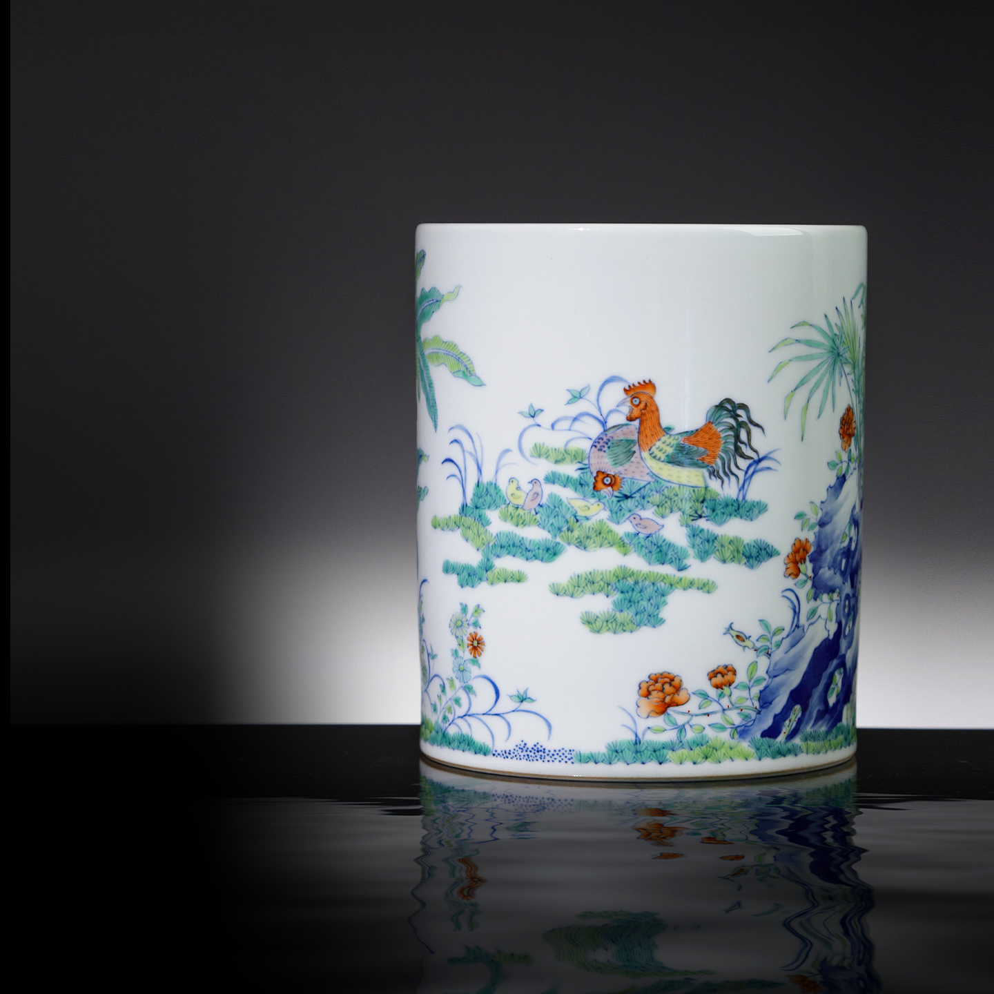 景德镇官方陶瓷仿古摆件青花斗彩手工鸡纹吉祥笔筒高档送礼礼盒装