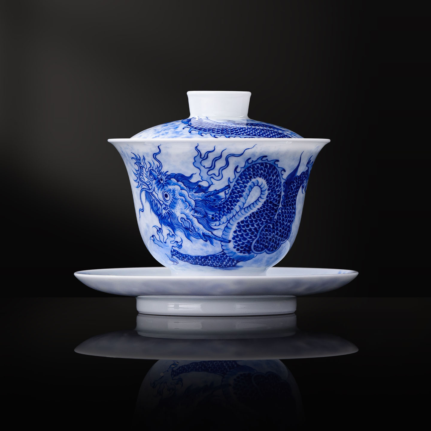 景德镇官方陶瓷功夫茶具手绘青花三才盖碗家用高档泡茶碗礼盒套装