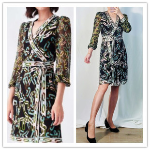 思思美国代购dvf 春夏 新品墨绿锁链 gala针织真丝连衣裙 裹身裙
