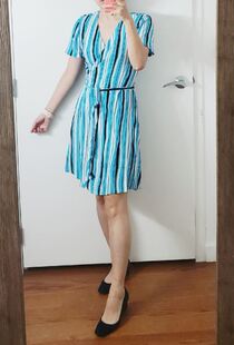 清货思思美代dvf 夏新品 短袖清新蓝色条纹 裹身裙 连衣裙SAVILLE