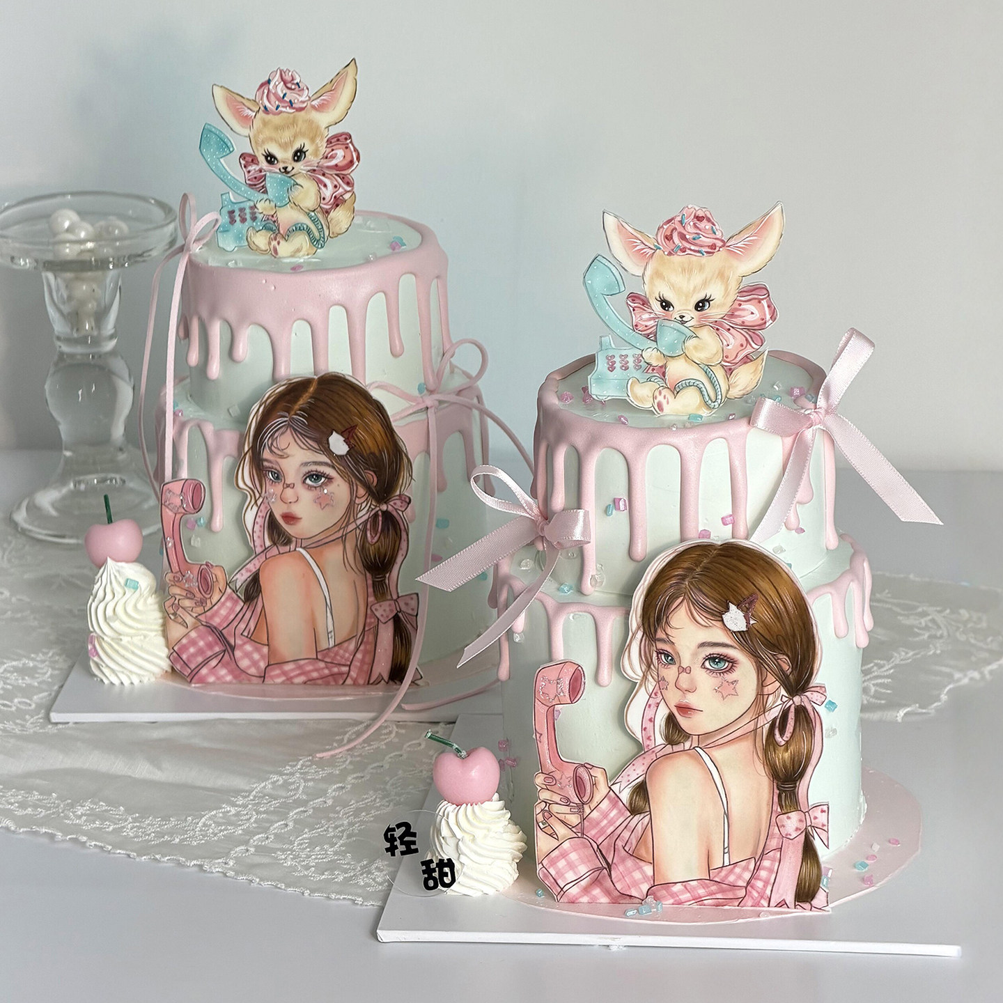 手绘打电话美少女生日蛋糕装饰