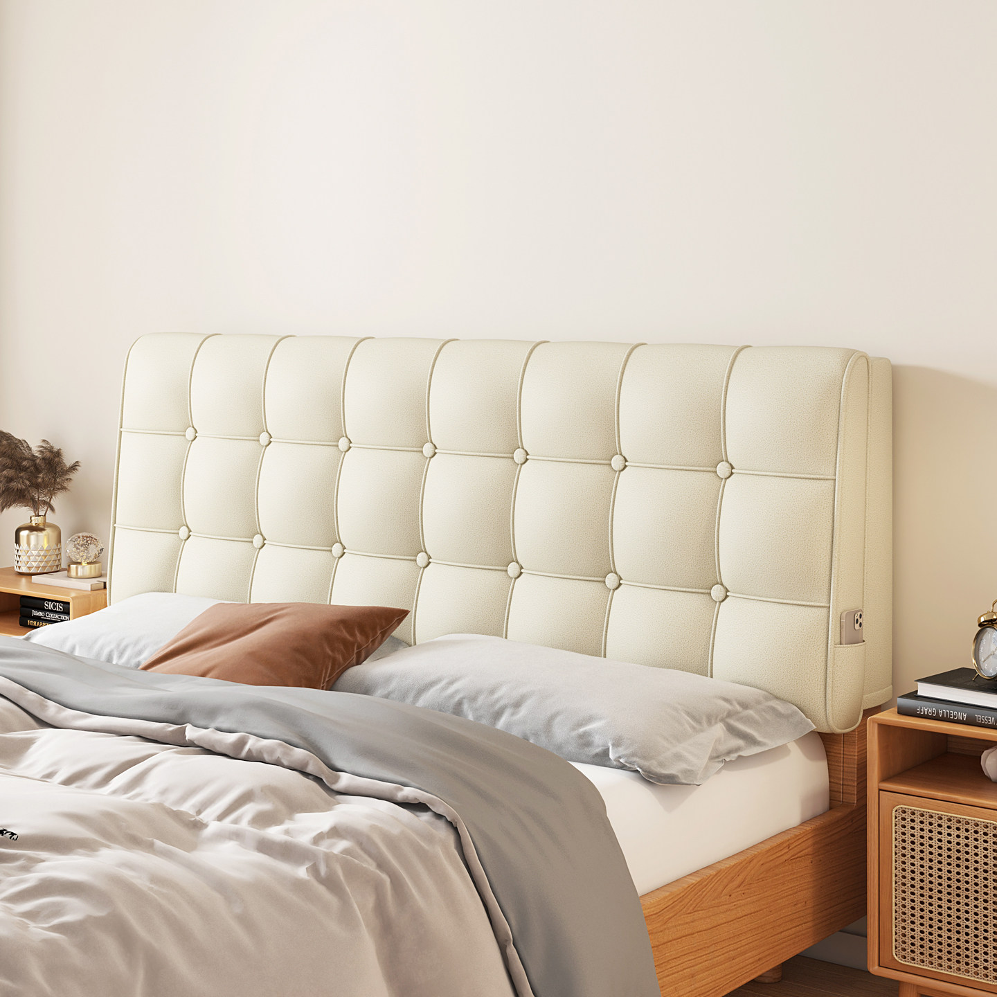 床头软包靠背2026新款奶油风实木床头靠垫铁艺床套罩免洗防撞软垫,居家布艺,床头靠垫,淘宝优惠券,粉丝福利购,淘宝优惠卷