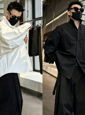 秋季立领纯色蝙蝠袖扩版男士简约舒适百搭休闲宽松长袖衬衫外套