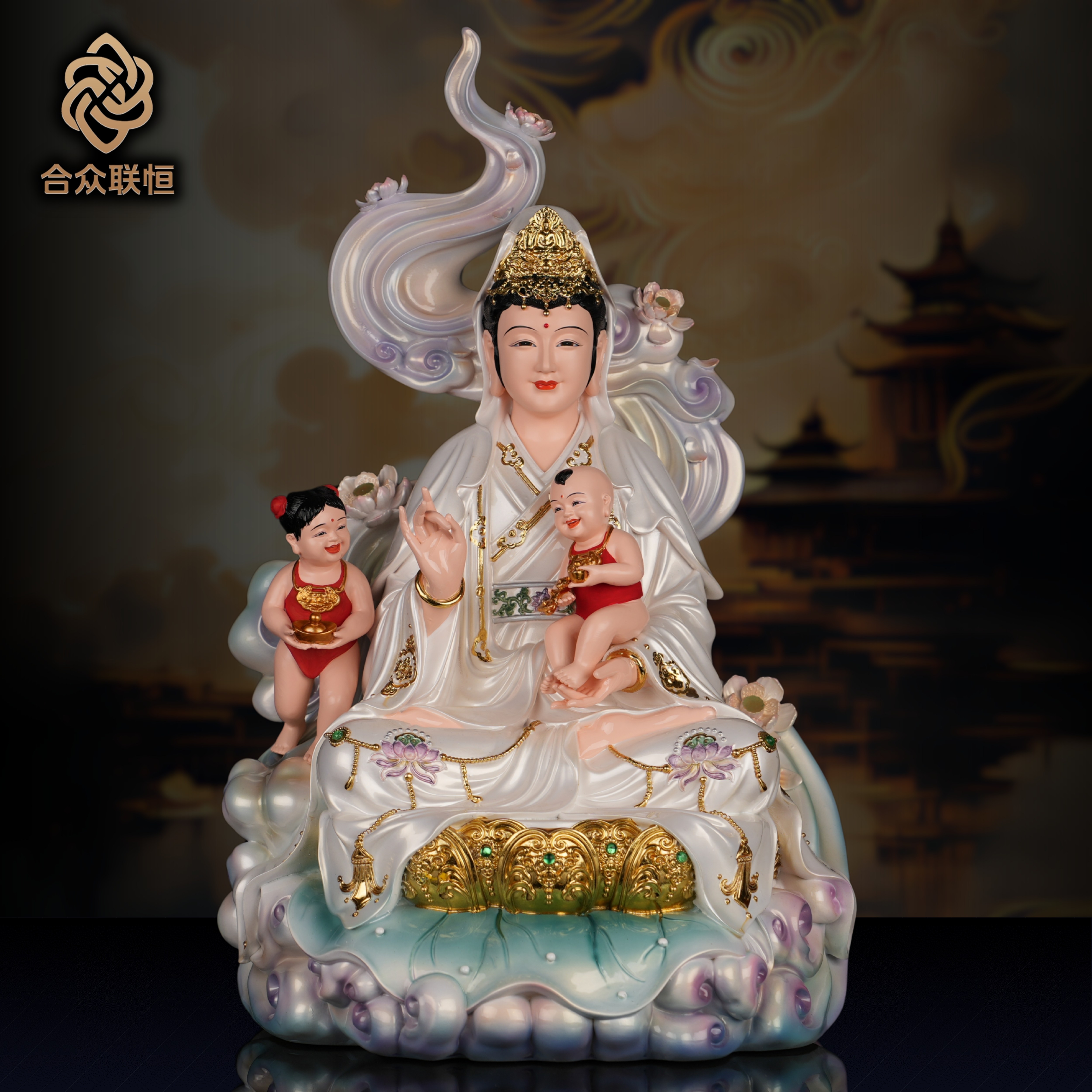 送子观音像菩萨像树脂男孩女孩求龙凤子女彩绘居家供奉摆件家用