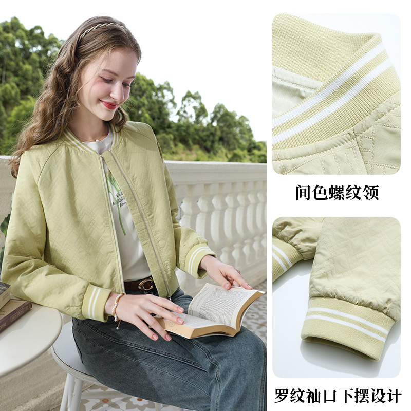 艾蓓怡绿色法式小香提花插肩袖短款外套女2024秋季新款棒球服夹克