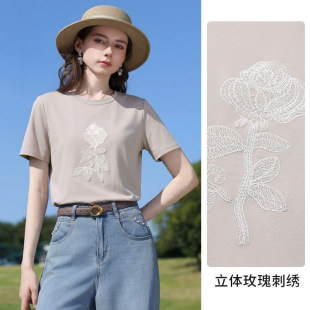 卡其色万针刺绣玫瑰短袖T恤女士2026夏季新款正肩气质上衣
