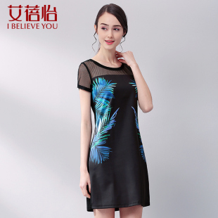 艾蓓怡女装春装2024新款潮显瘦圆领纱网拼接印花连衣裙女夏A字裙
