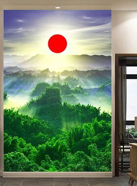 日出红太阳旭日东升高山装饰画绿色树林玄关过道壁画墙贴壁纸自粘