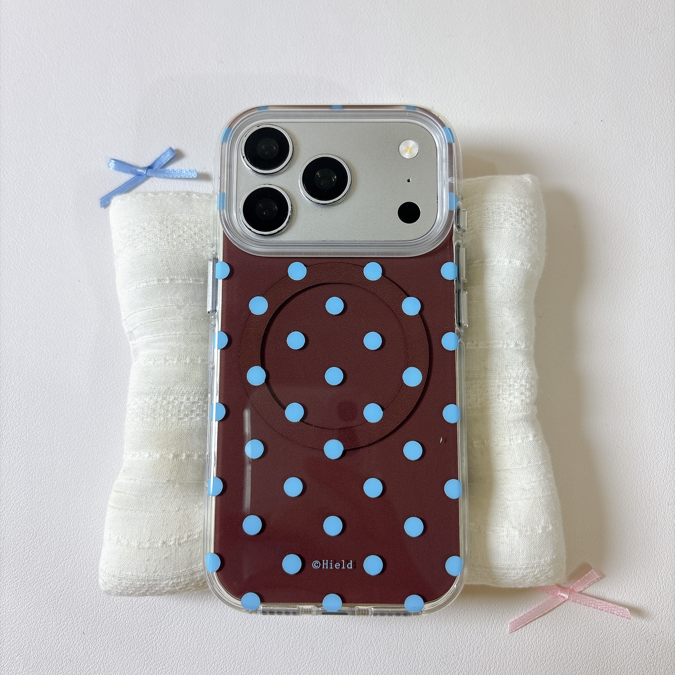 ins秋冬深棕底蓝波点磁吸圆边双层适用苹果18promax手机壳iPhone17新款保护套16/15/14全包硅胶防摔日韩