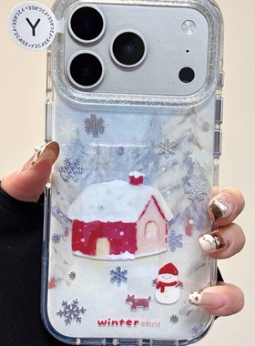 冬日雪山红色房屋圆边双层适用苹果17promax手机壳iPhone16新款保护套15 /14/13全包硅胶防摔日韩