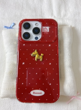 新年红色波点立体小马圆边双层适用苹果17promax手机壳iPhone16新款保护套15 /14/13全包硅胶防摔日韩