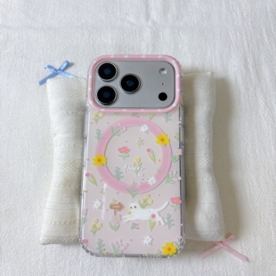 13全包硅胶防摔日韩 保护套15 ins小众花朵猫咪磁吸双层适用苹果17promax手机壳iPhone16新款