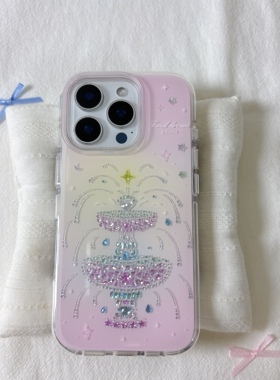 ins闪片彩色喷泉圆边双层适用苹果16promax手机壳iPhone15新款保护套14/13全包硅胶防摔日韩小众