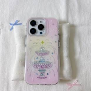 ins闪片彩色喷泉圆边双层适用苹果16promax手机壳iPhone15新款 13全包硅胶防摔日韩小众 保护套14