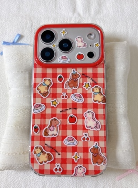 可爱红色格纹满屏小马双层适用苹果17promax手机壳iPhone16新款保护套15 /14/13全包硅胶防摔日韩