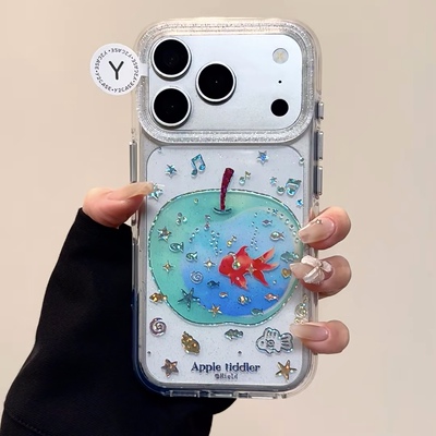 ins炫彩青苹果金鱼圆边双层适用苹果17promax手机壳iPhone16新款保护套15 /14/13全包硅胶防摔日韩