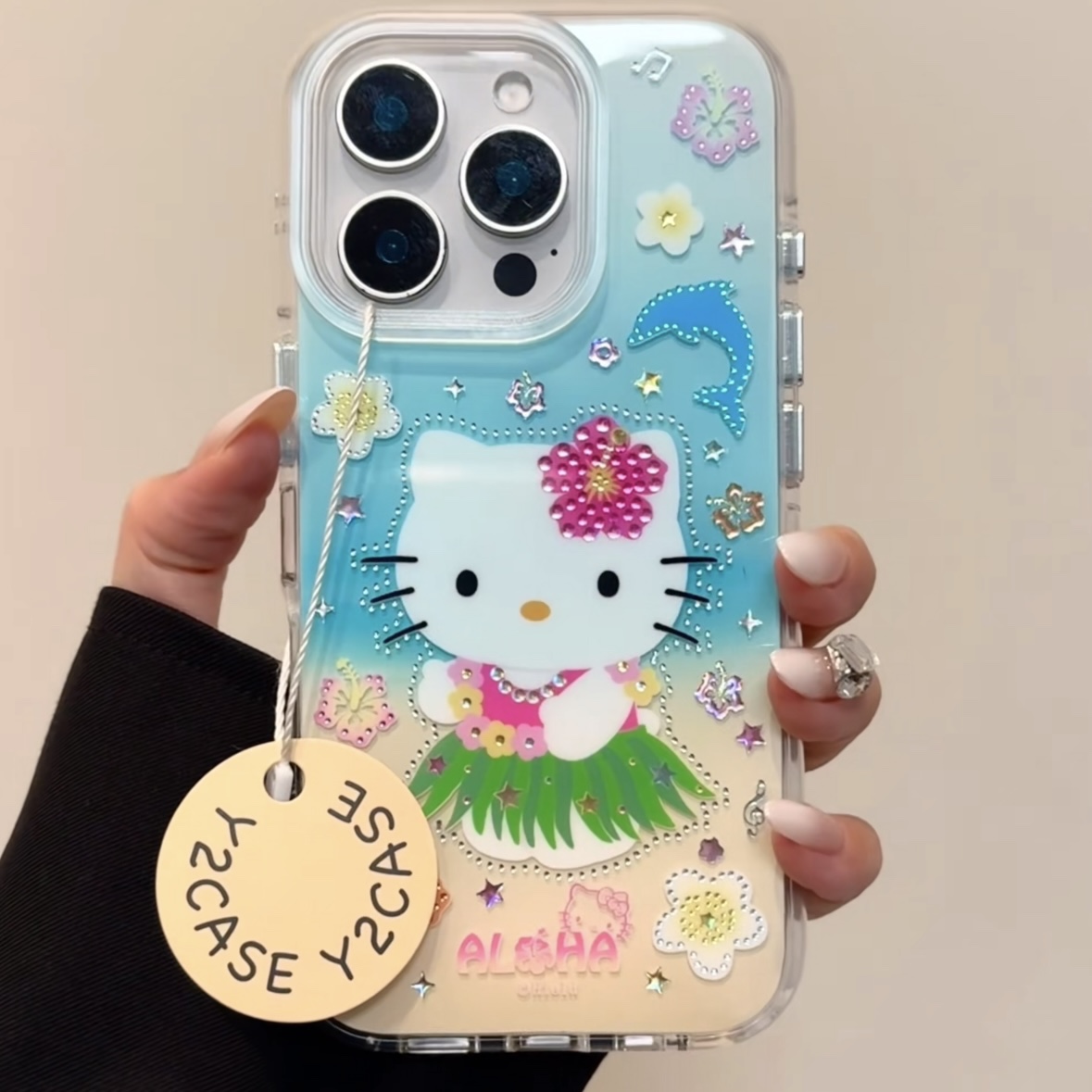 可爱沙滩草裙kitty圆边双层适用苹果16promax手机壳iPhone15新款保护套14/13全包硅胶防摔日韩小众