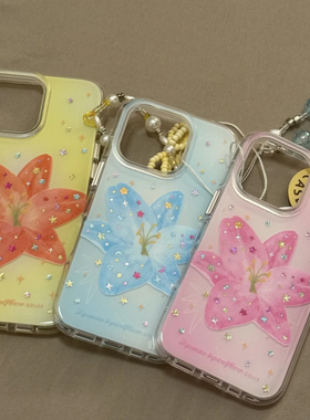 ins闪粉三色百合花圆边双层适用苹果16promax手机壳iPhone15新款保护套14/13全包硅胶防摔日韩小众