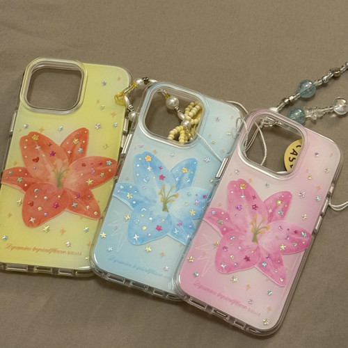 ins闪粉三色百合花圆边双层适用苹果16promax手机壳iPhone15新款保护套14/13全包硅胶防摔日韩小众