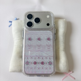 ins粉色玫瑰铁艺花纹圆边双层适用苹果17promax手机壳iPhone16新款保护套15 /14/13全包硅胶防摔日韩