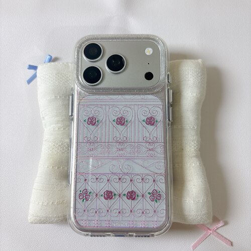 ins粉色玫瑰铁艺花纹圆边双层适用苹果17promax手机壳iPhone16新款保护套15 /14/13全包硅胶防摔日韩