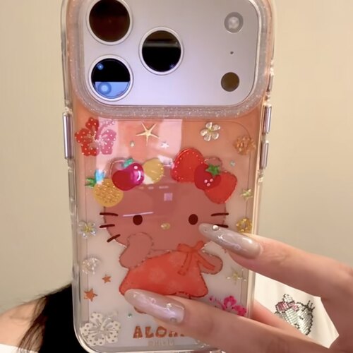 可爱彩色水果花朵黑皮kitty圆边双层适用苹果17promax手机壳iPhone16新款保护套15 /14/13全包硅胶防摔日韩