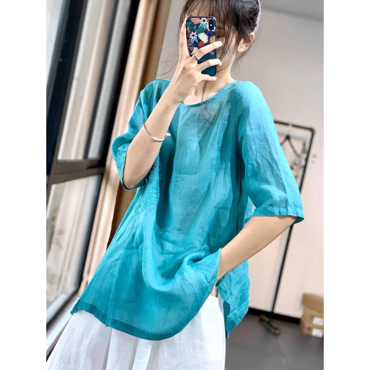 专柜新中式国风刺绣苎麻衬衫女夏季薄款宽松休闲百搭禅意茶服棉麻
