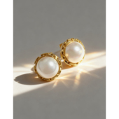 Vintage复古金色圆形珍珠耳钉女新品 百搭简约ins耳饰气质优雅港风