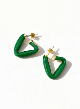 复古绿色珐琅三角形耳钉女 奶油白色新品百搭简约ins港风bv耳环潮