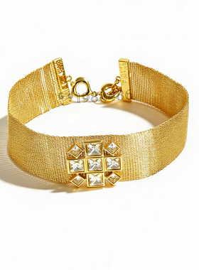 复古金色网十字架方钻方钻格纹夸张宽版项链choker女百搭新品港风