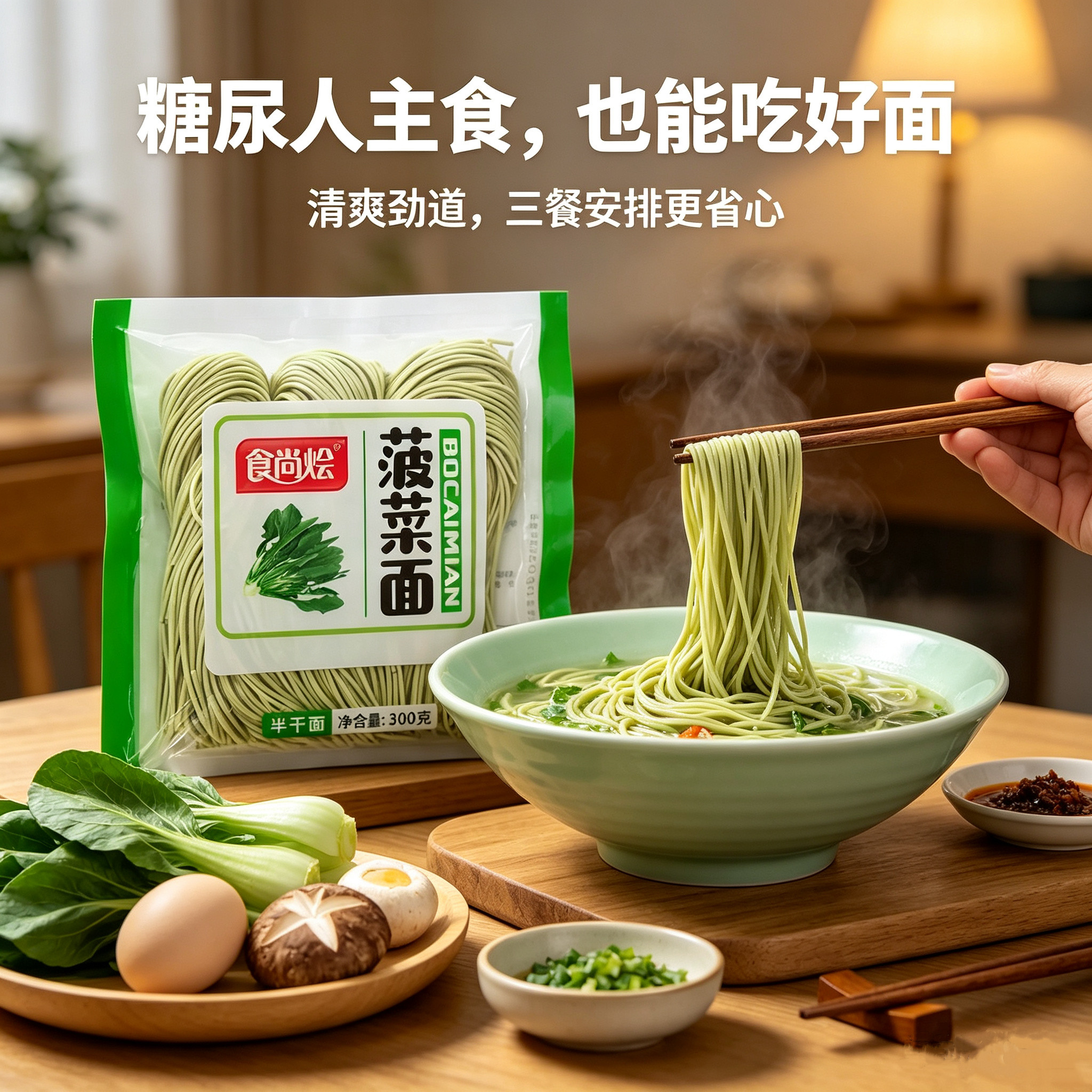 糖尿人专用食品无糖精可以吃菠菜半干面速食袋装方便主食营养早餐