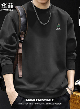 马克华菲春季潮牌无帽卫衣男款宽松圆领套头休闲上衣灰色印花小人