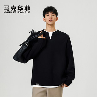 马克华菲假两件小V领长袖T恤男春秋季新款美式高街休闲百搭打底衫