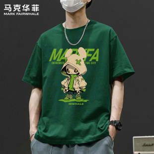 纯棉宽松潮牌上衣 T恤男夏季 马克华菲2026新款 墨绿色卡通印花短袖