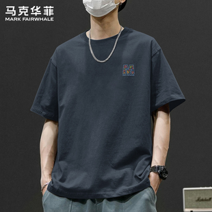 马克华菲纯棉男士短袖T恤夏季新款铁灰宽松潮流百搭印花男生上衣