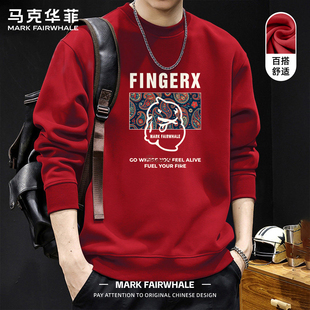 马克华菲字母印花卫衣男款无帽红色落肩袖宽松套头潮牌上衣慵懒风