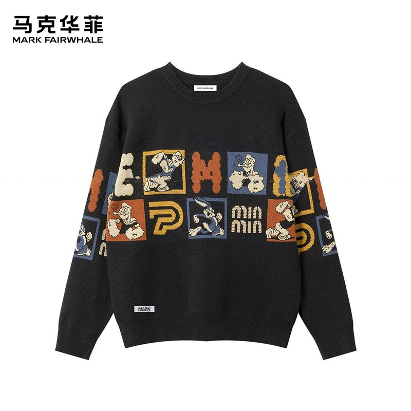 马克华菲秋季冬针织衫图案印花休闲打底衫男复古毛衣圆领套头上衣